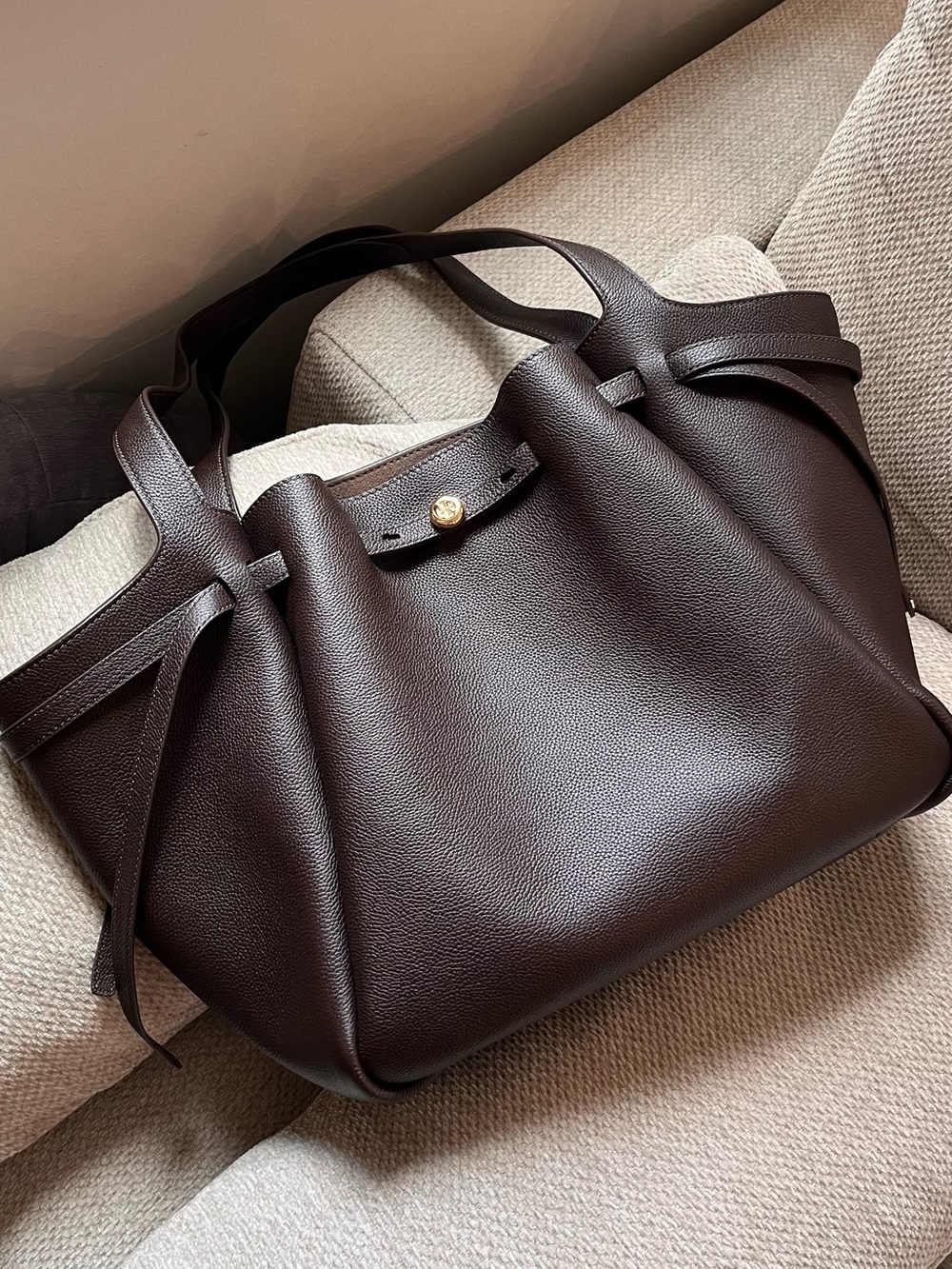 Tory Burch Dark Brown Pebbled Leather Romy Tote with Gold Accent - Picture 5 of 7